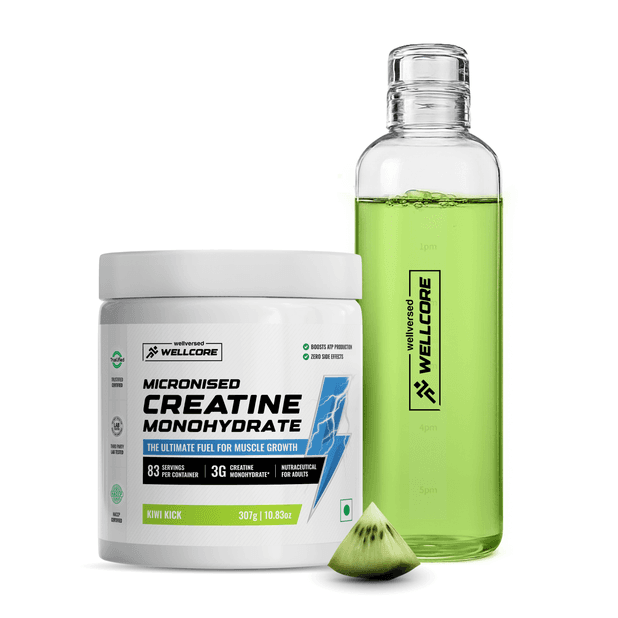 Wellcore - Micronised Creatine Monohydrate (83 Servings, Kiwi Kick) + Premium Glass Bottle