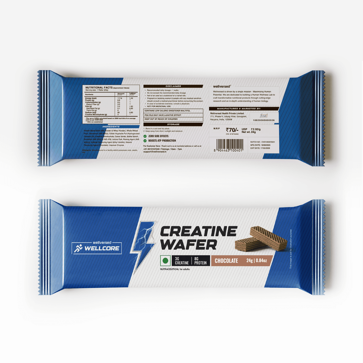 Wellcore - Creatine Wafer Bar | Chocolate Flavour (Pack of 6)