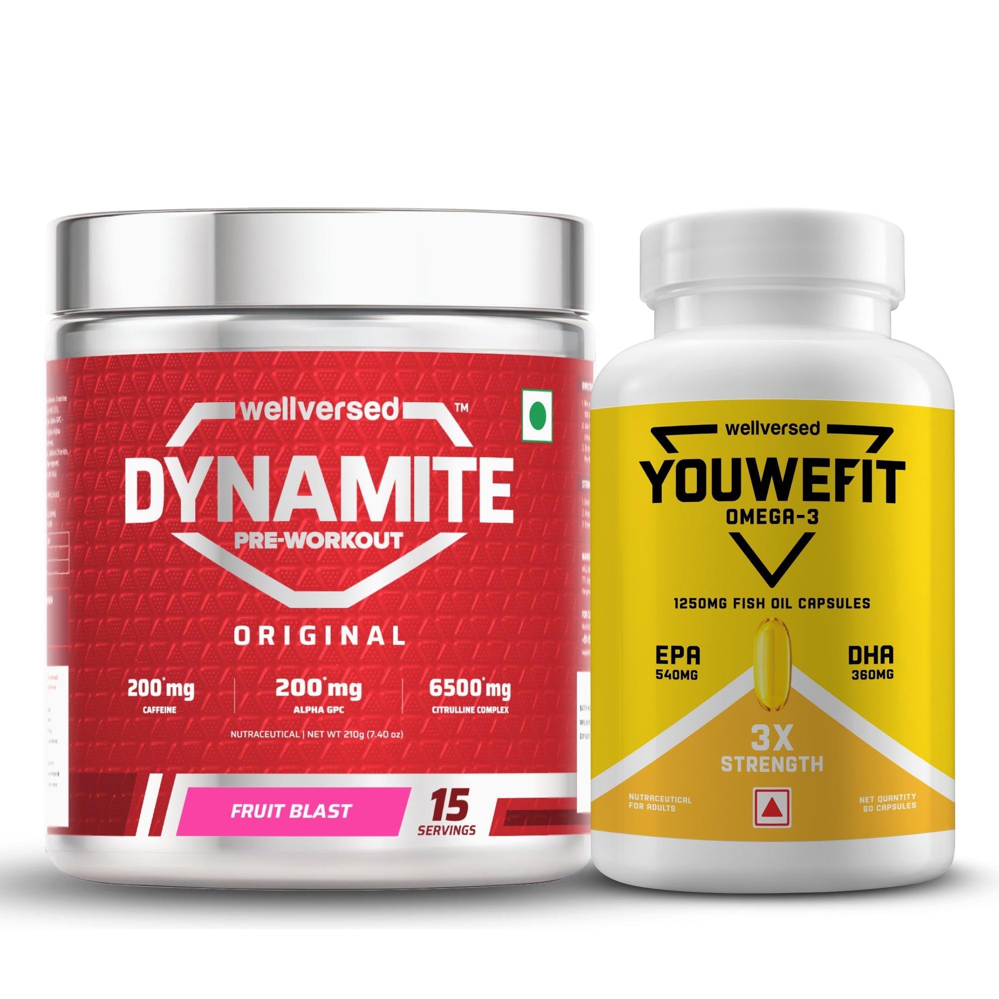 Dynamite Pre-workout (15 Servings, Fruit Blast) + YouWeFit Triple Strength Fish Oil (60 Capsules)
