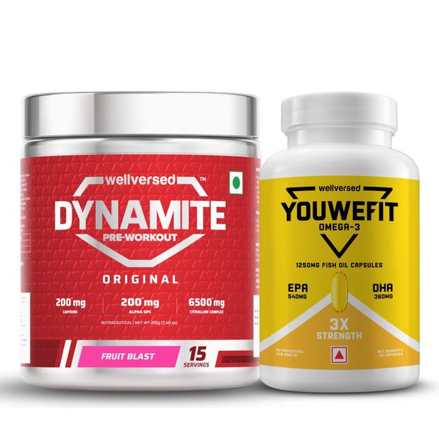 Dynamite Pre-workout (15 Servings, Fruit Blast) + YouWeFit Triple Strength Fish Oil (60 Capsules)