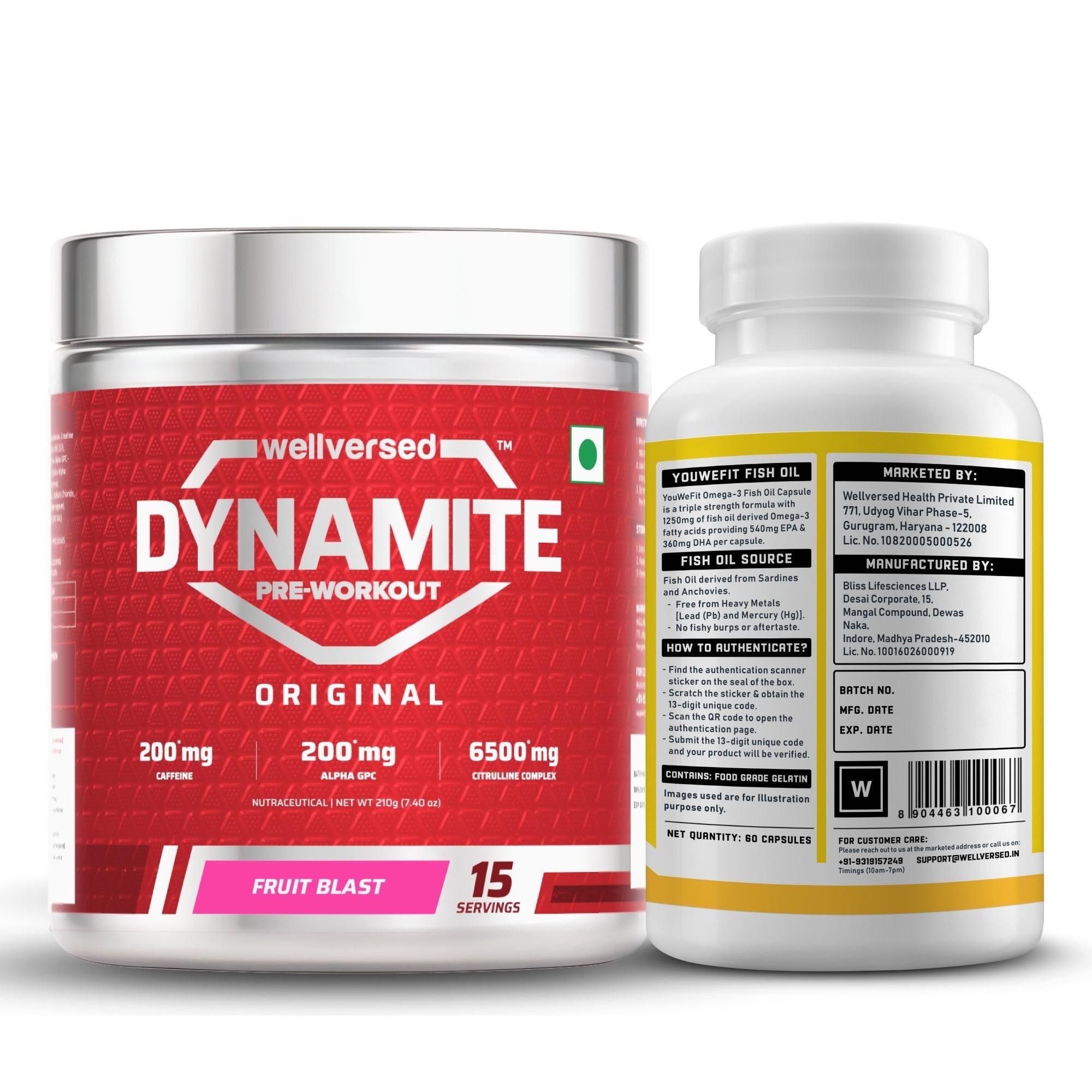 Dynamite Pre-workout (15 Servings, Fruit Blast) + YouWeFit Triple Strength Fish Oil (60 Capsules)