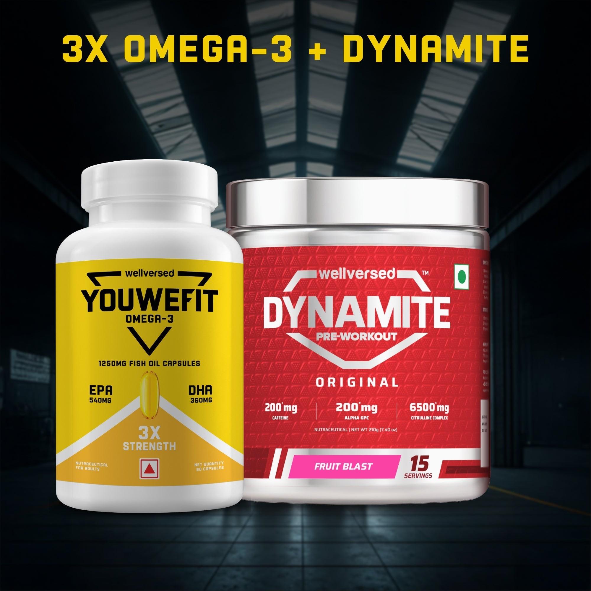 Dynamite Pre-workout (15 Servings, Fruit Blast) + YouWeFit Triple Strength Fish Oil (60 Capsules)