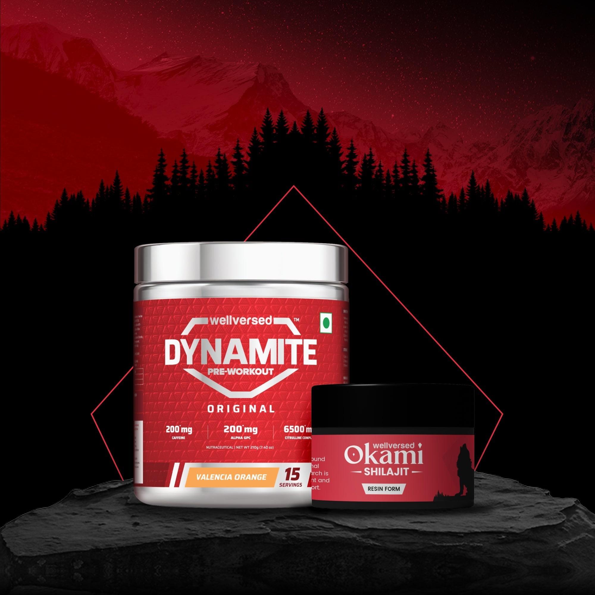 Dynamite Pre-Workout (210g, 15 Servings, Valencia Orange) + Okami Shilajit Resin (20g)