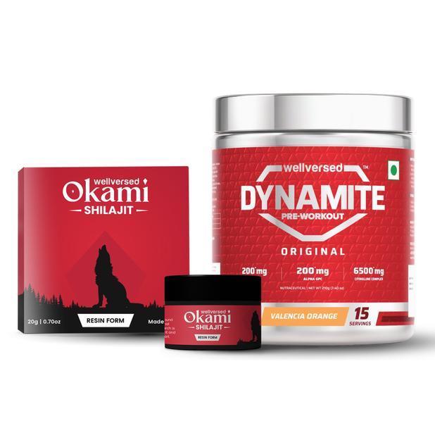 Dynamite Pre-Workout (210g, 15 Servings, Valencia Orange) + Okami Shilajit Resin (20g)