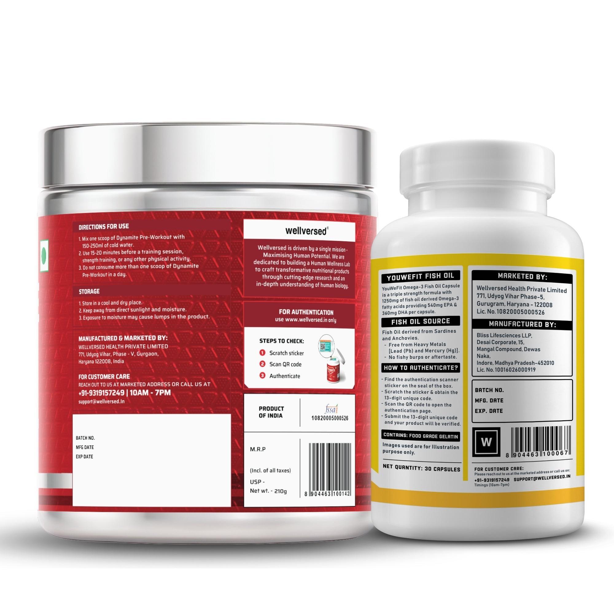 Dynamite Pre-workout (15 Servings, Fruit Blast) + YouWeFit Triple Strength Fish Oil (30 Capsules)