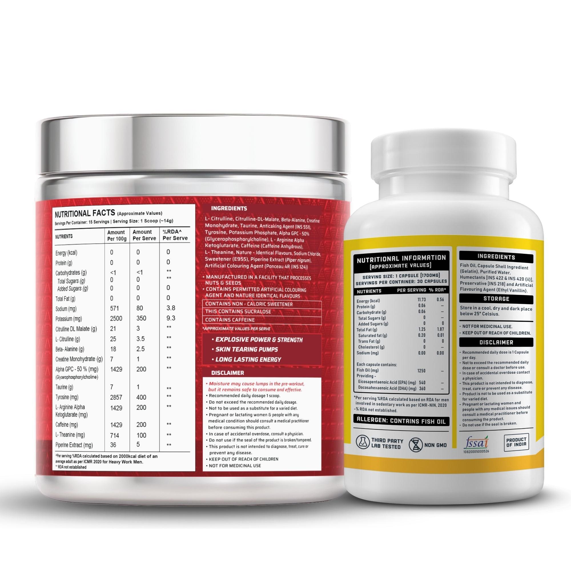 Dynamite Pre-workout (15 Servings, Fruit Blast) + YouWeFit Triple Strength Fish Oil (30 Capsules)