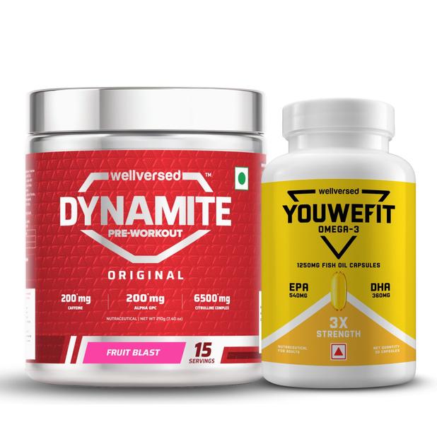 Dynamite Pre-workout (15 Servings, Fruit Blast) + YouWeFit Triple Strength Fish Oil (30 Capsules)
