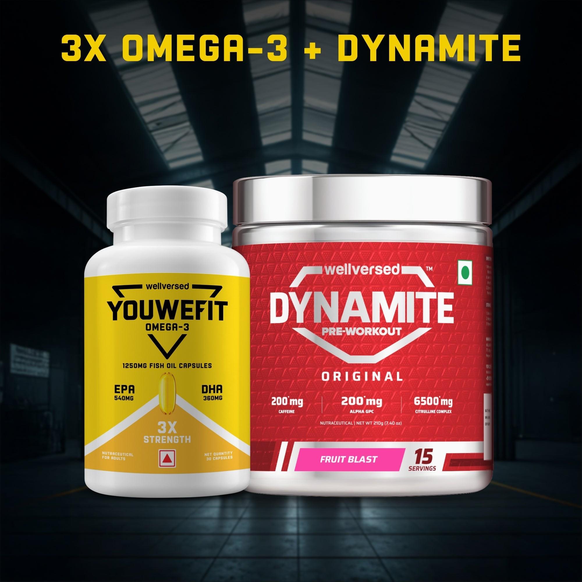Dynamite Pre-workout (15 Servings, Fruit Blast) + YouWeFit Triple Strength Fish Oil (30 Capsules)