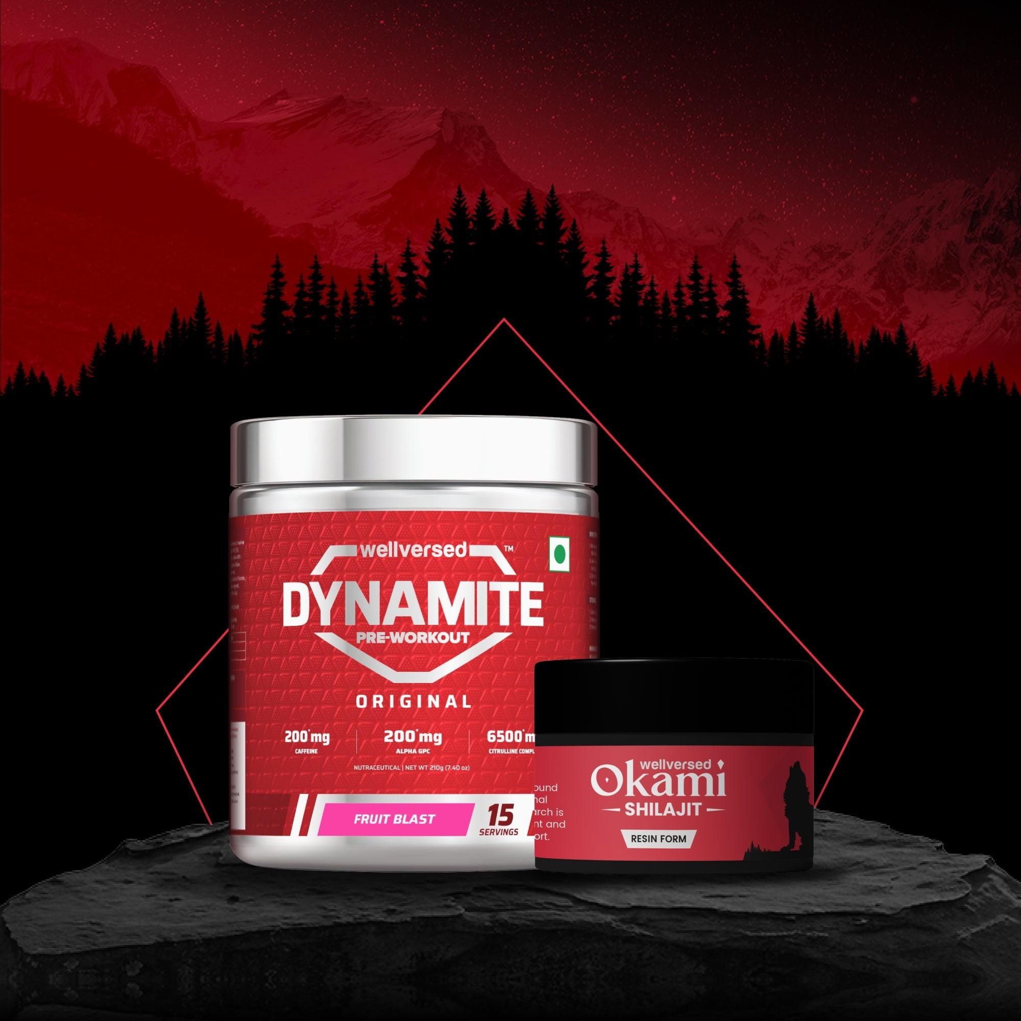 Dynamite Pre-Workout (210g, 15 Servings, Fruit Blast) + Okami Shilajit Resin (20g)