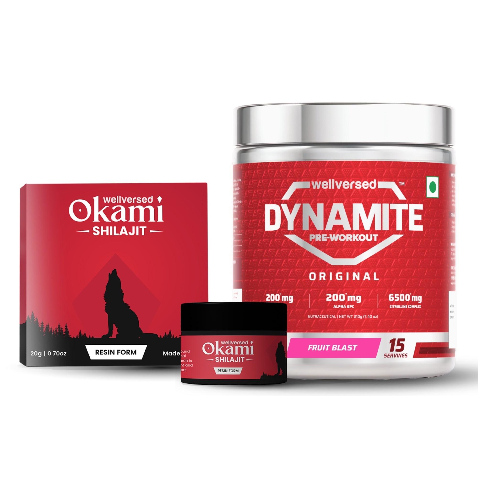 Dynamite Pre-Workout (210g, 15 Servings, Fruit Blast) + Okami Shilajit Resin (20g)