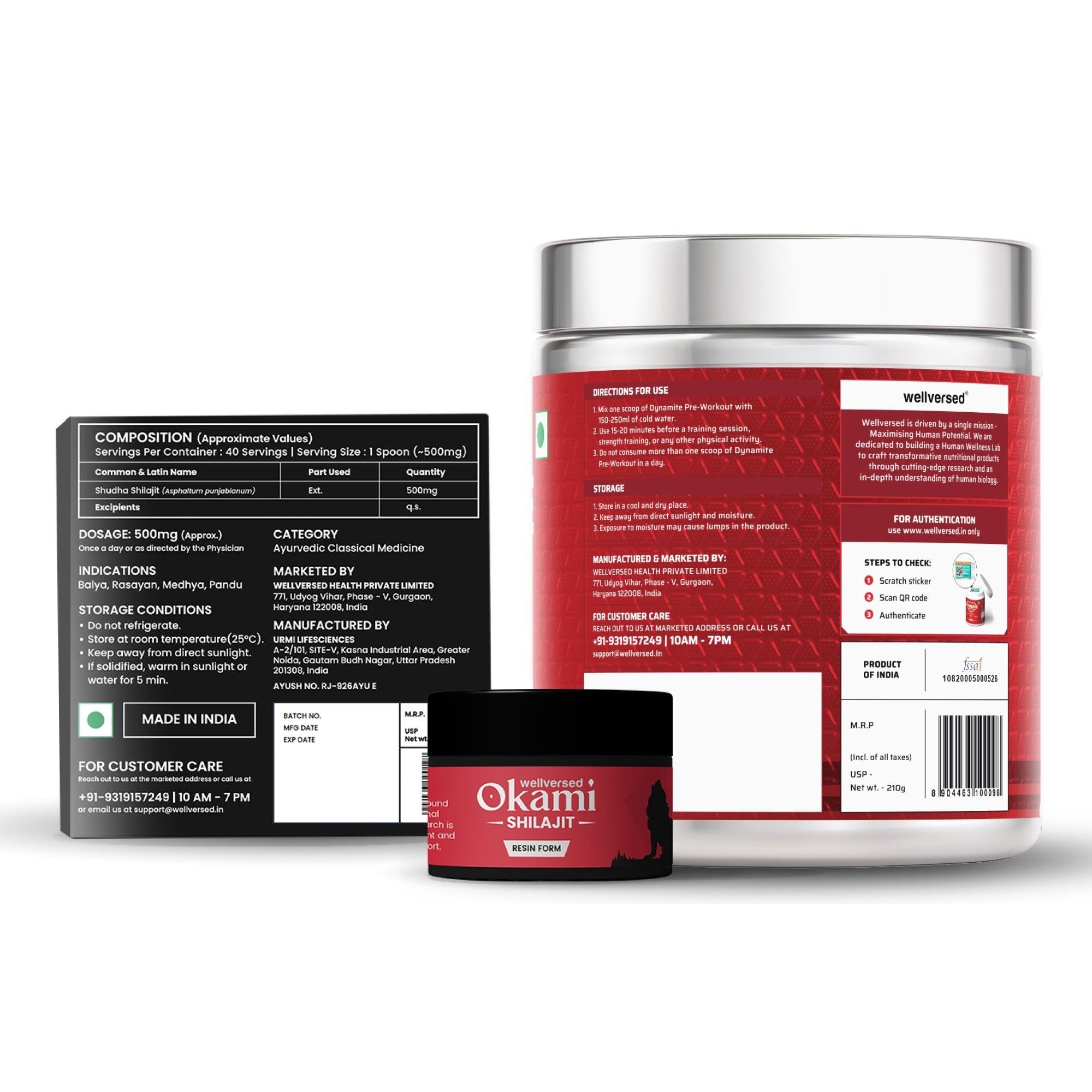 Dynamite Pre-Workout (210g, 15 Servings, Fruit Blast) + Okami Shilajit Resin (20g)