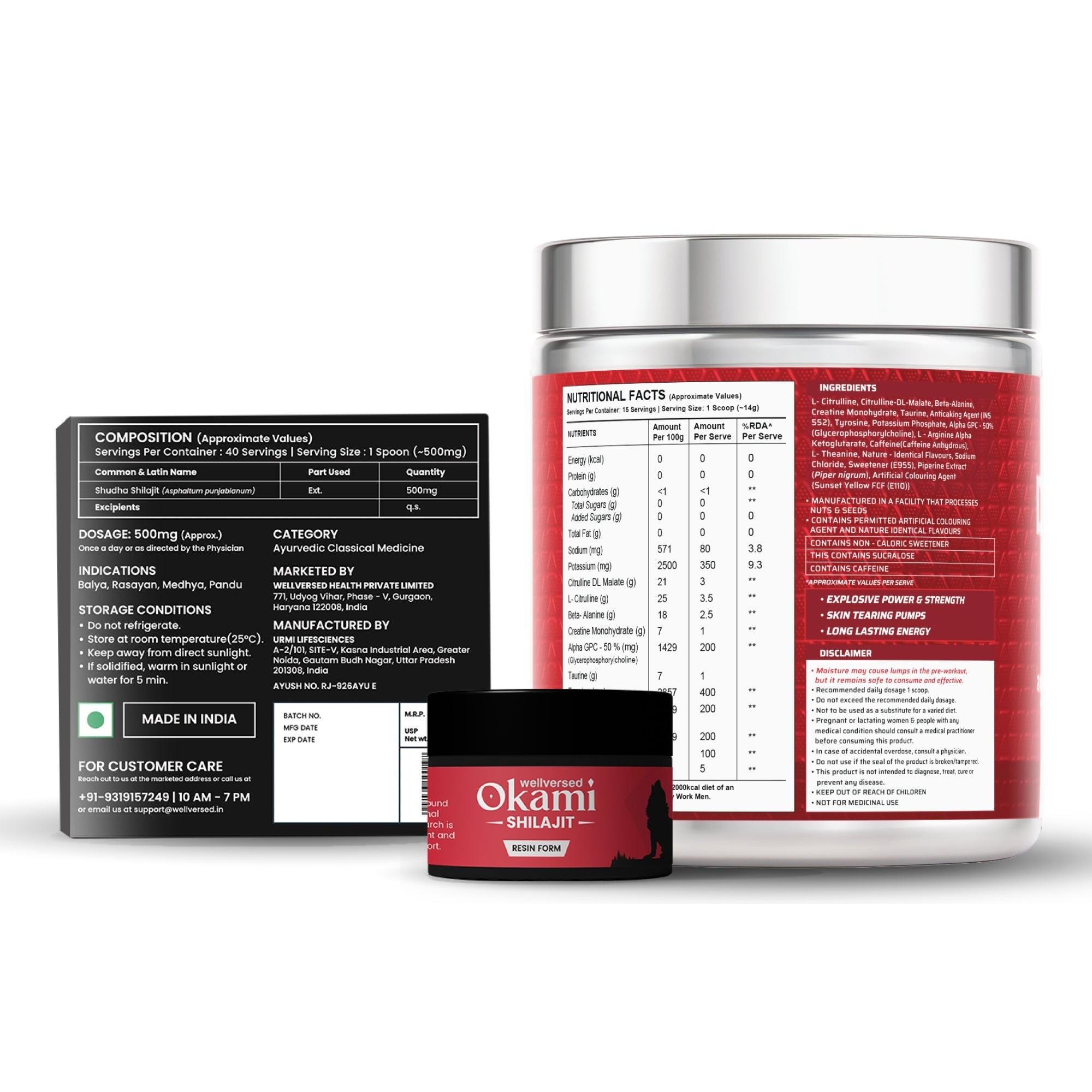 Dynamite Pre-Workout (210g, 15 Servings, Fruit Blast) + Okami Shilajit Resin (20g)