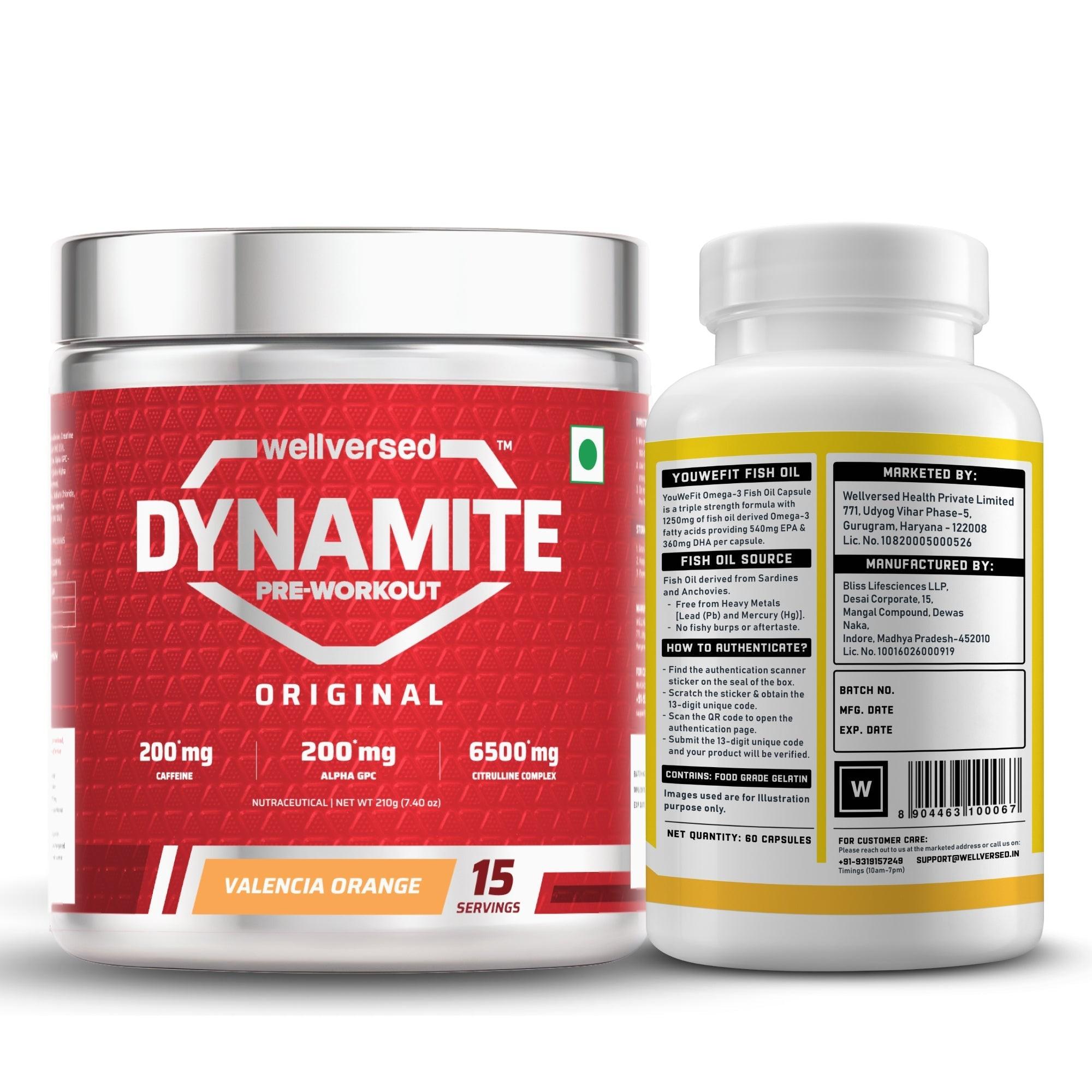 Dynamite Pre-workout (15 Servings, Valencia Orange) + YouWeFit Triple Strength Fish Oil (60 Capsules)