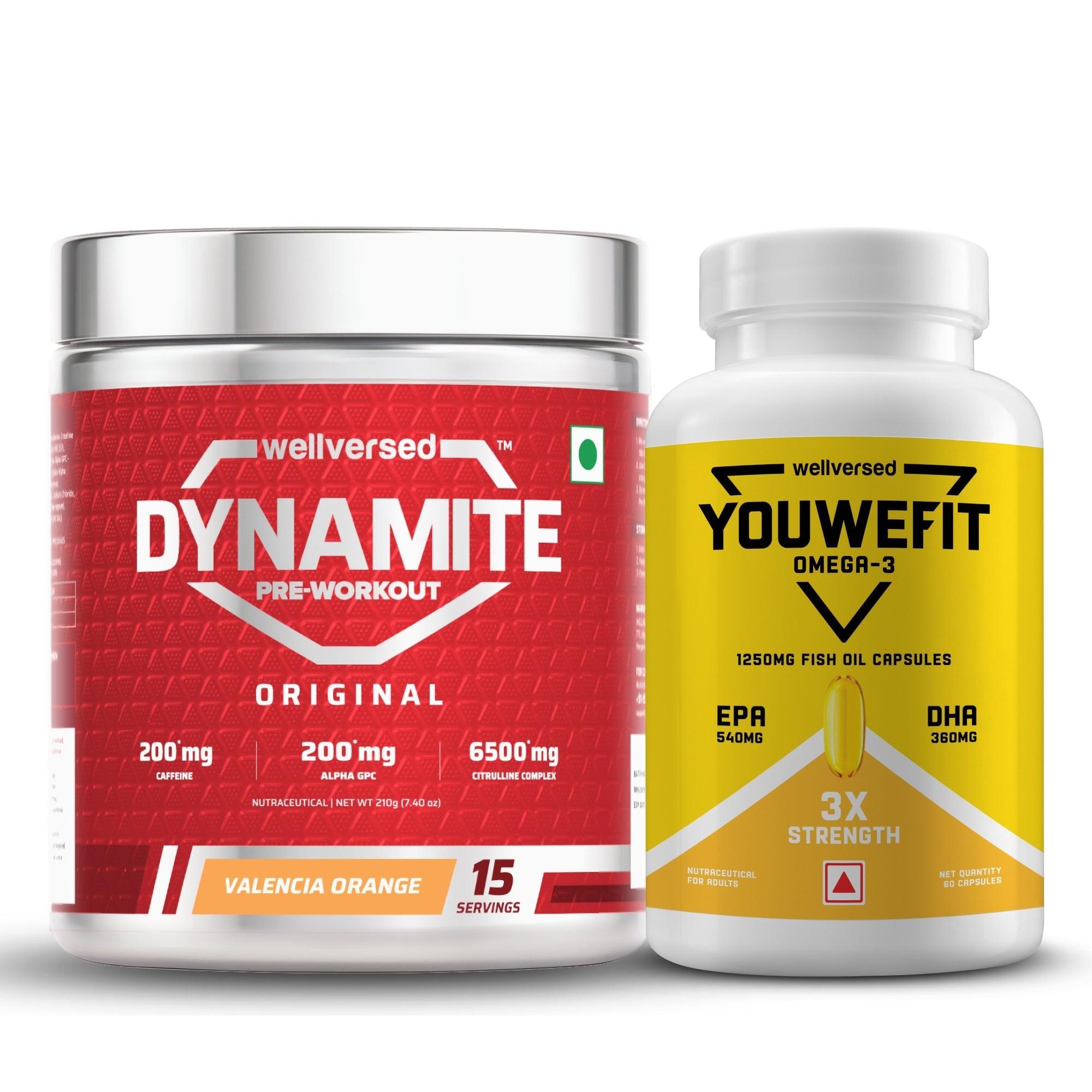 Dynamite Pre-workout (15 Servings, Valencia Orange) + YouWeFit Triple Strength Fish Oil (60 Capsules)