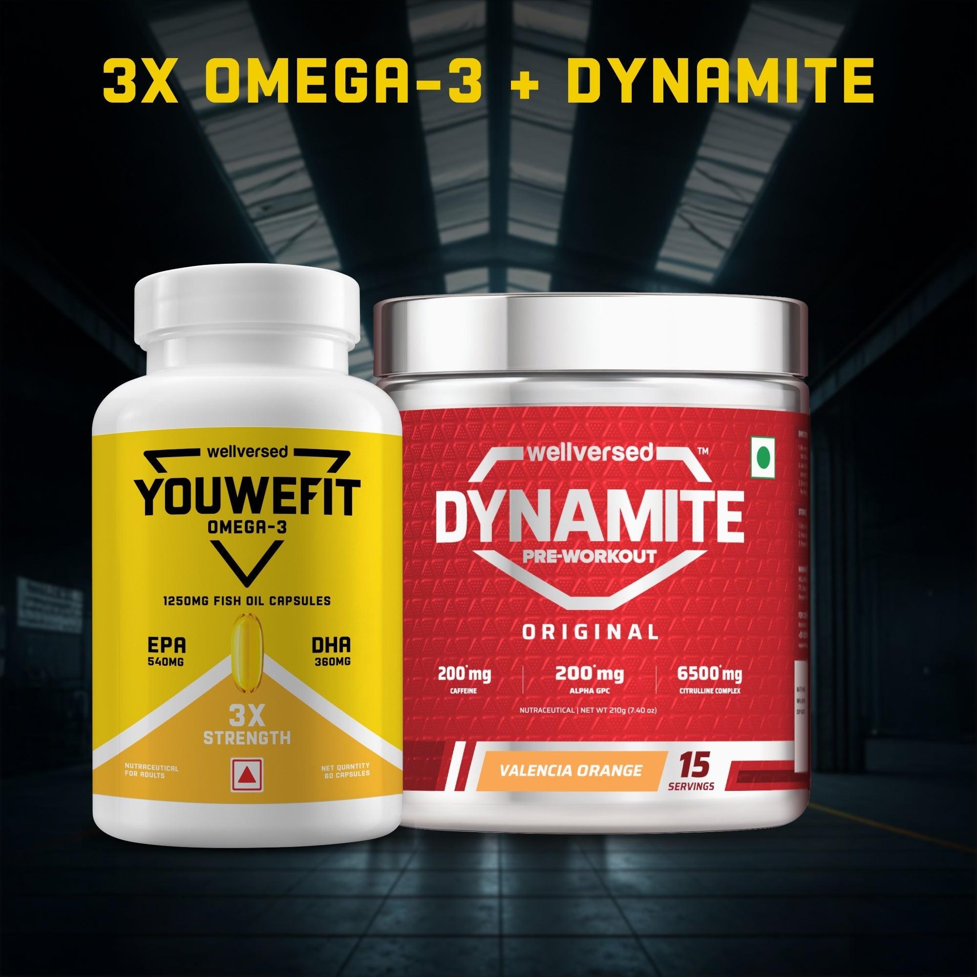 Dynamite Pre-workout (15 Servings, Valencia Orange) + YouWeFit Triple Strength Fish Oil (60 Capsules)