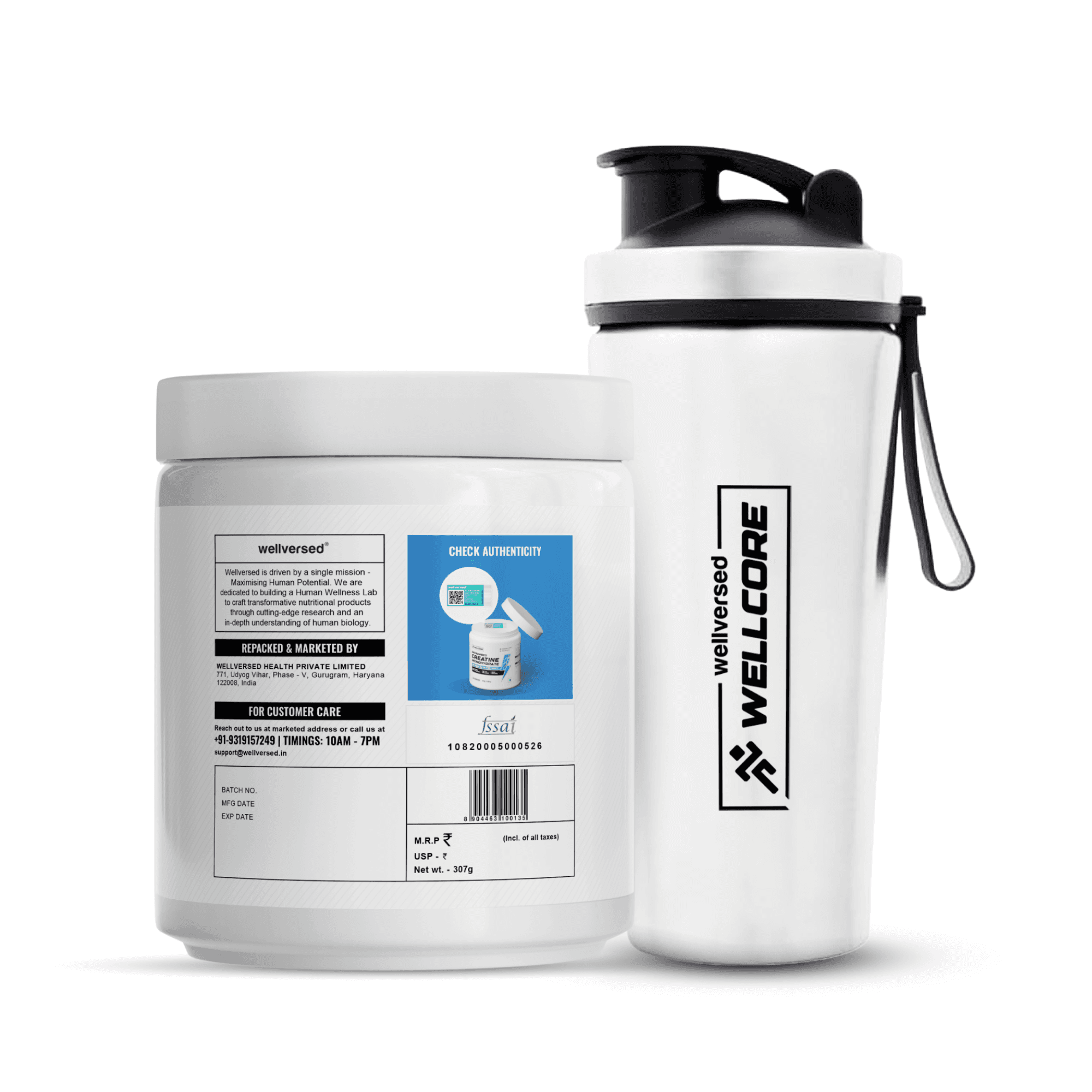 Wellcore - Micronised Creatine Monohydrate (83 Servings, Unflavoured) + Premium Steel Shaker