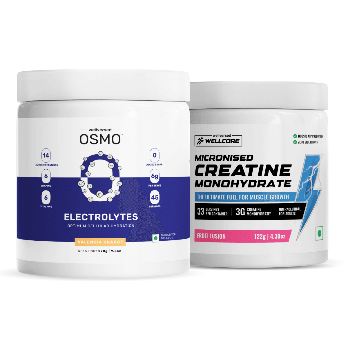 OSMO - Electrolytes (45 servings, Valencia Orange) + Wellcore Creatine (33 Servings,  Fruit Fusion)