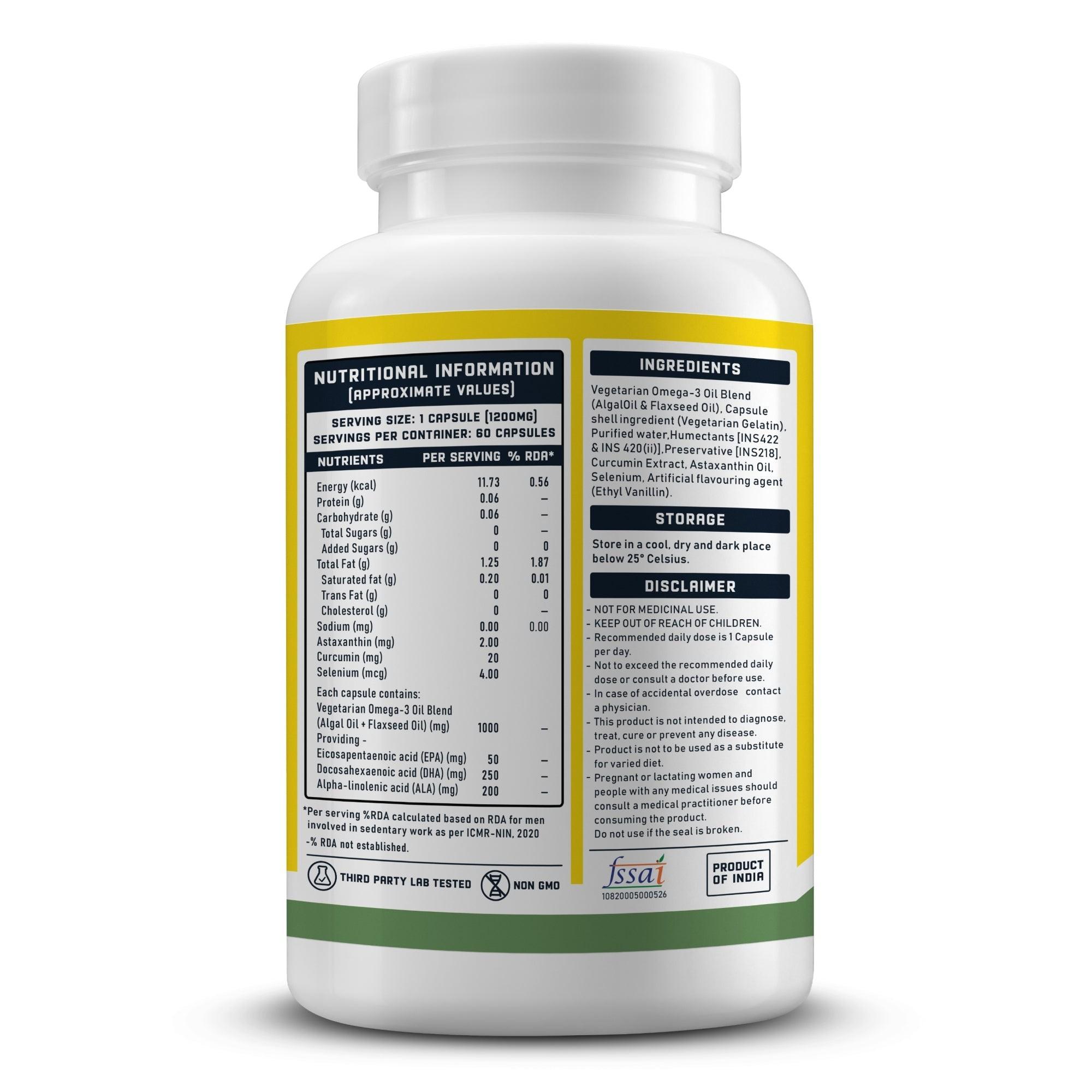 YouWeFit Pro-Vegetarian Omega-3 Capsules (60 Capsules) | 1000mg Algal Oil + Flaxseed Oil Capsules (250mg DHA | 200mg ALA | 50mg EPA)