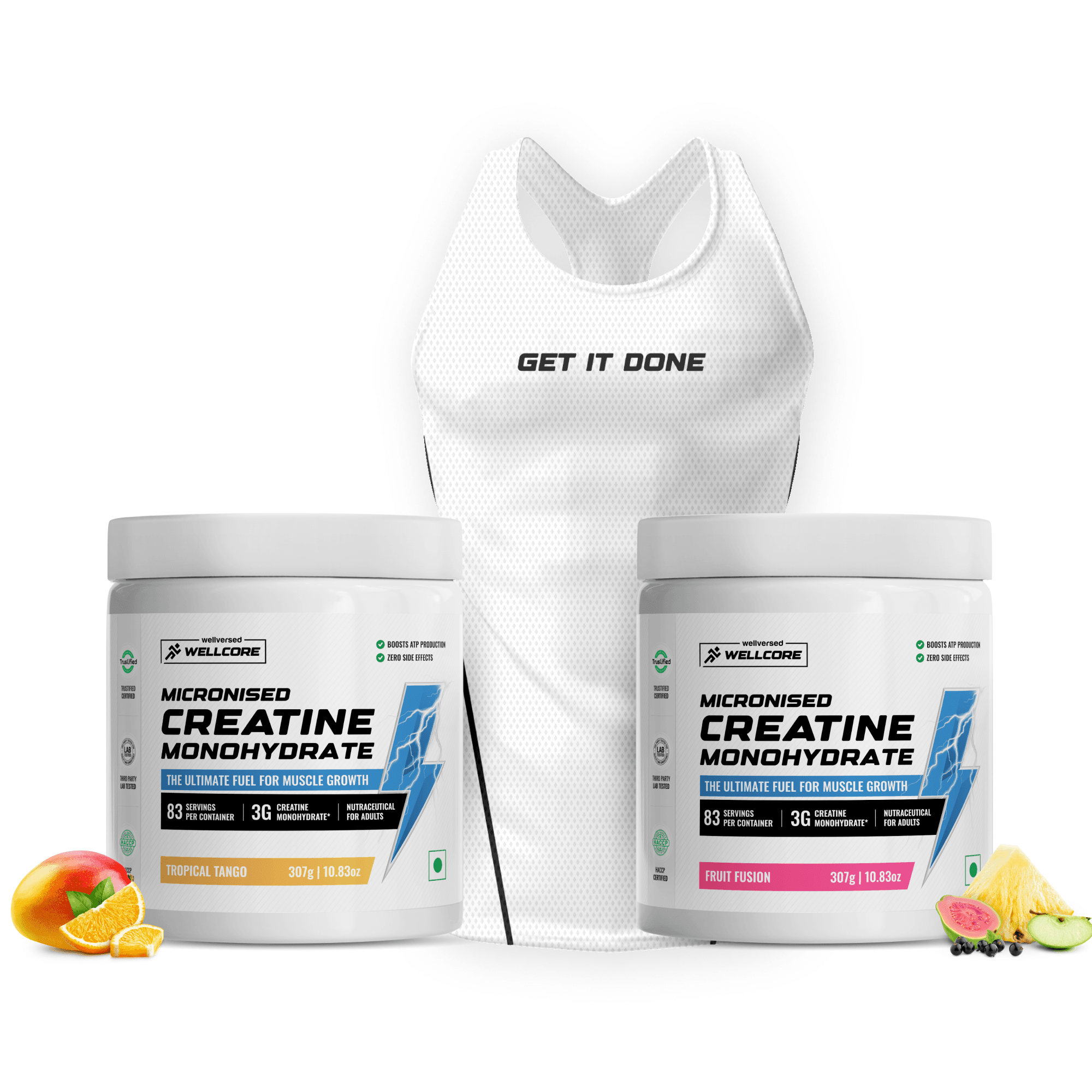 Wellcore - Micronised Creatine Monohydrate (83 Servings, Tropical Tango) + Creatine (83 Servings, Fruit Fusion) + Premium Gym Vest