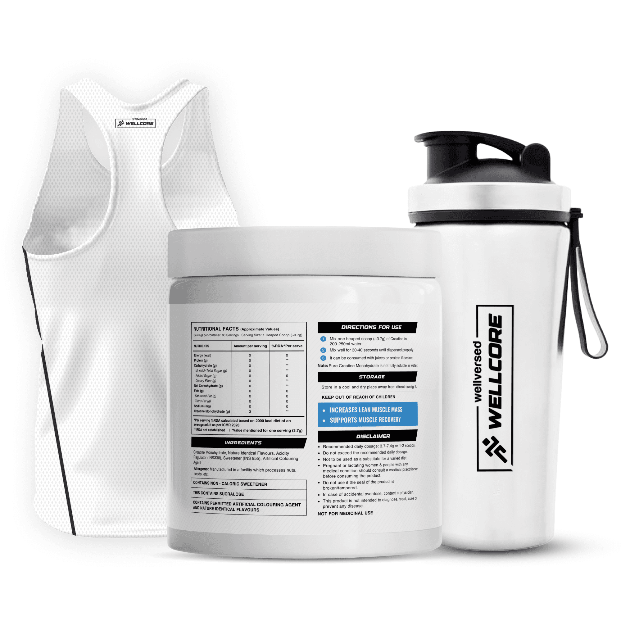 Wellcore - Pure Micronised Creatine Monohydrate | Kiwi Kick (307g, 83 Servings)  + Premium Steel Shaker & Gym Vest
