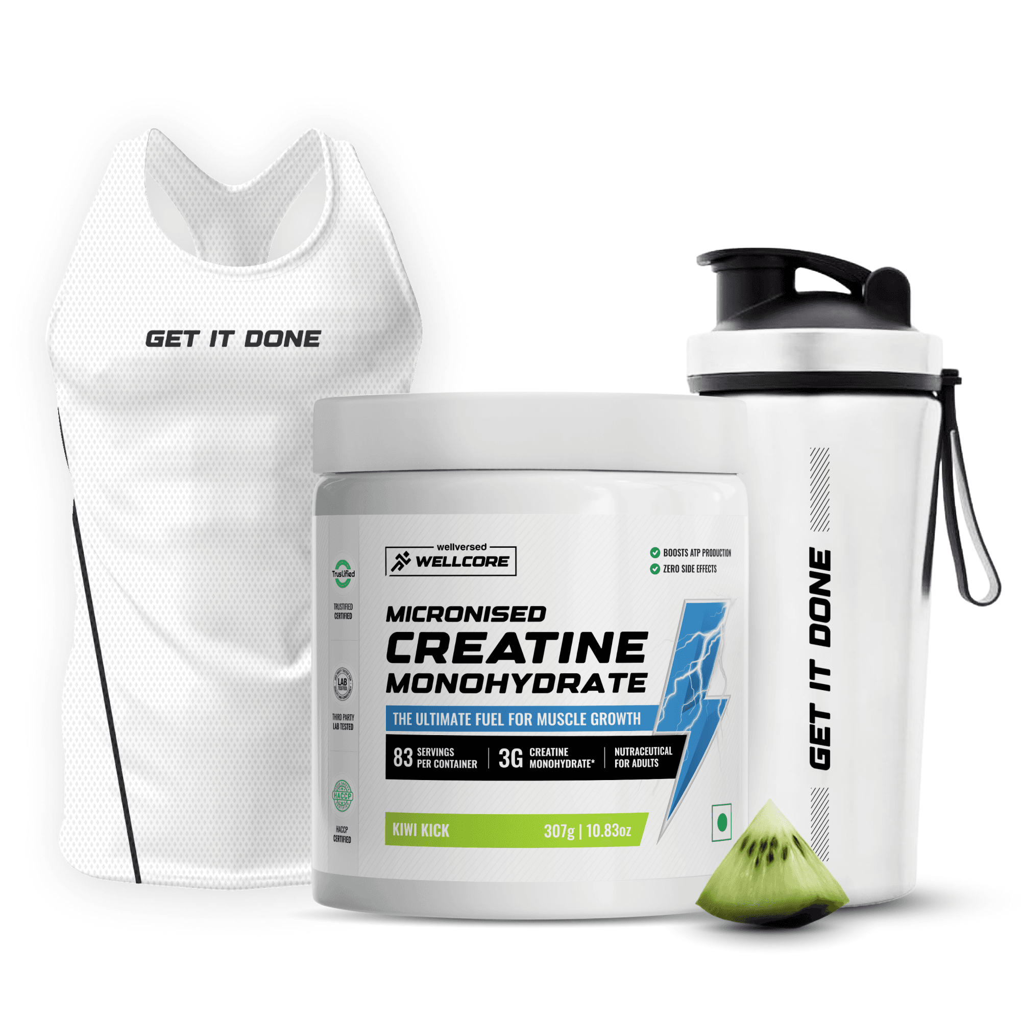 Wellcore - Pure Micronised Creatine Monohydrate | Kiwi Kick (307g, 83 Servings)  + Premium Steel Shaker & Gym Vest
