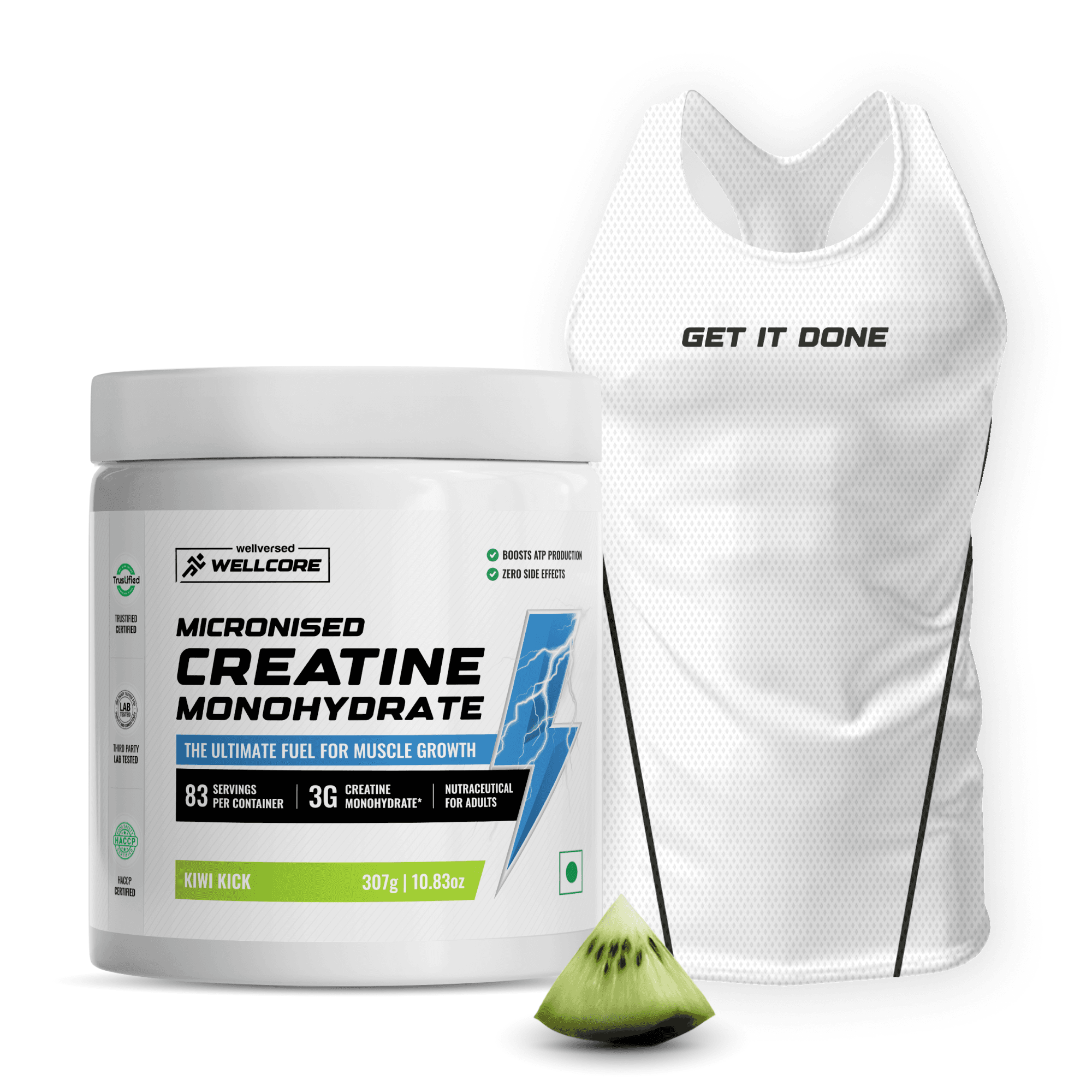 Wellcore - Pure Micronised Creatine Monohydrate | Kiwi Kick (307g, 83 Servings)  + Premium Gym Vest
