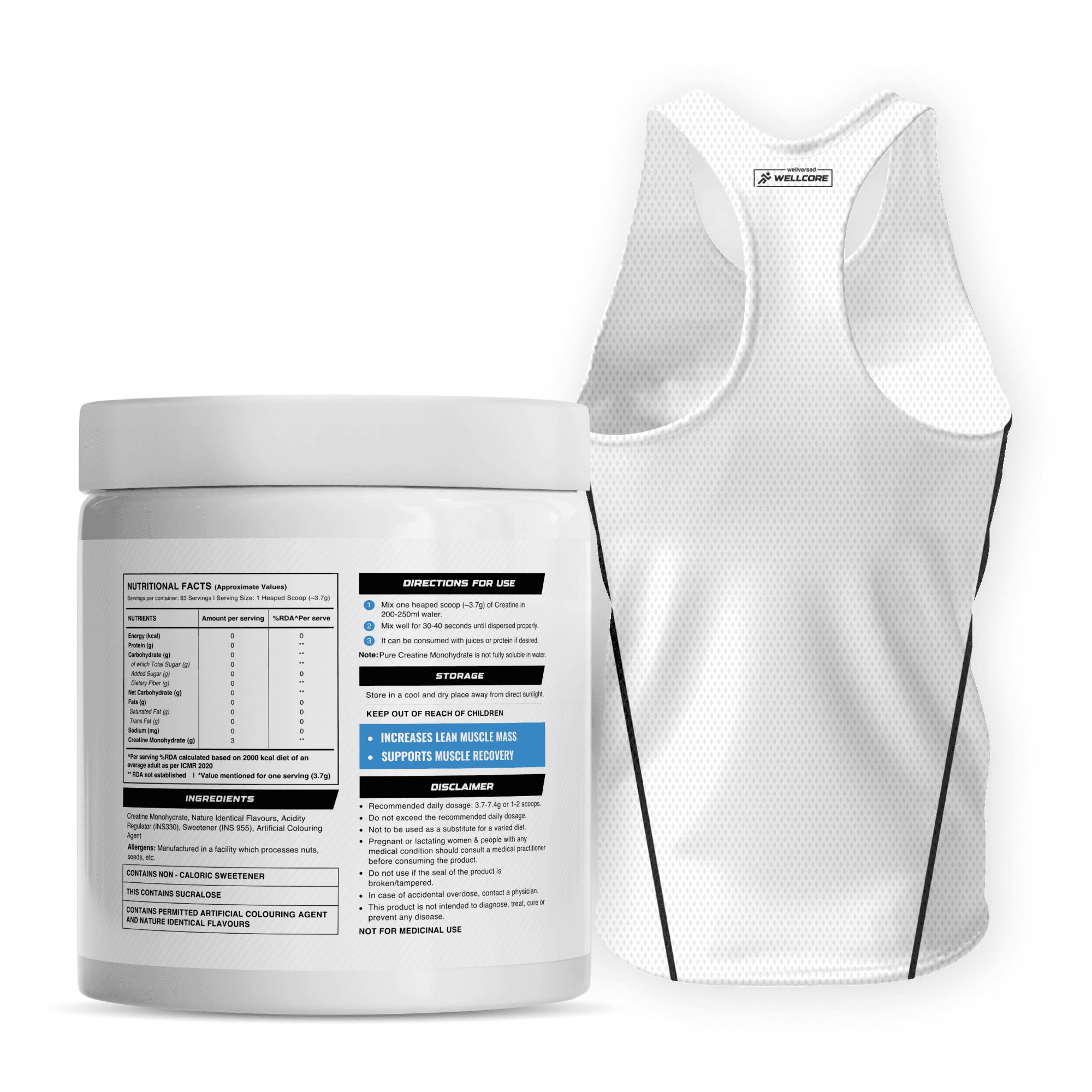 Wellcore - Pure Micronised Creatine Monohydrate | Kiwi Kick (307g, 83 Servings)  + Premium Gym Vest