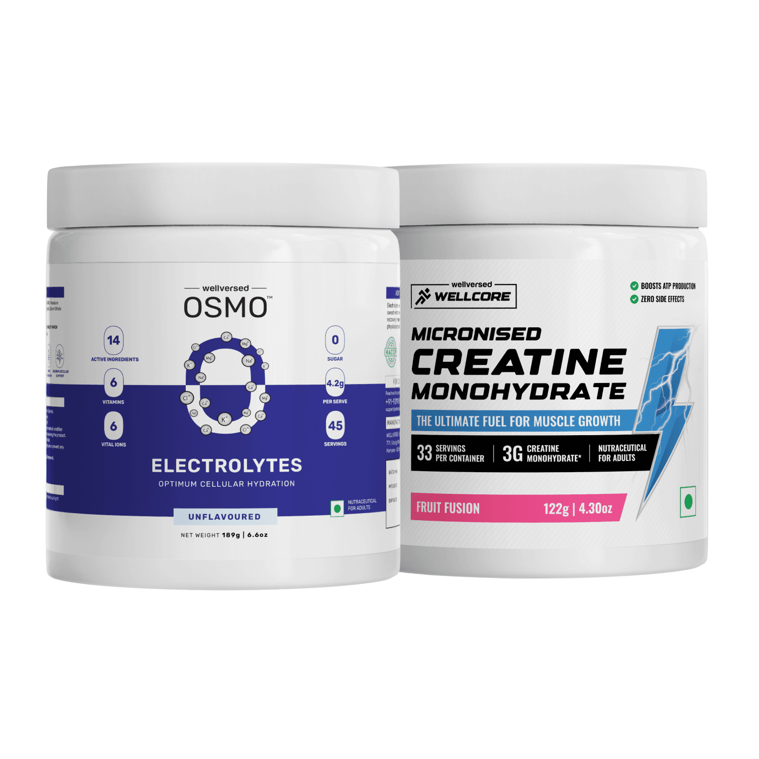 OSMO Electrolytes Unflavoured (45 Servings, 189g) + Wellcore Creatine (33 Servings, Fruit Fusion)