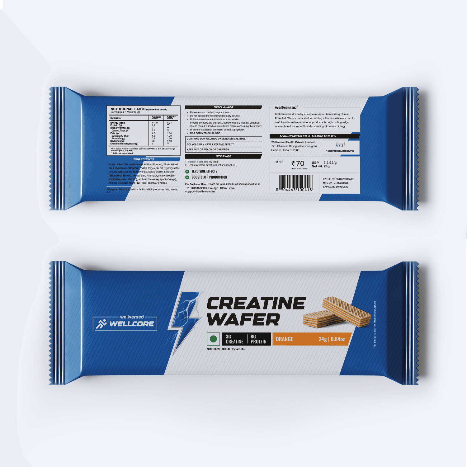 Wellcore - Creatine Wafer Bar | Orange Flavour (Pack of 10)