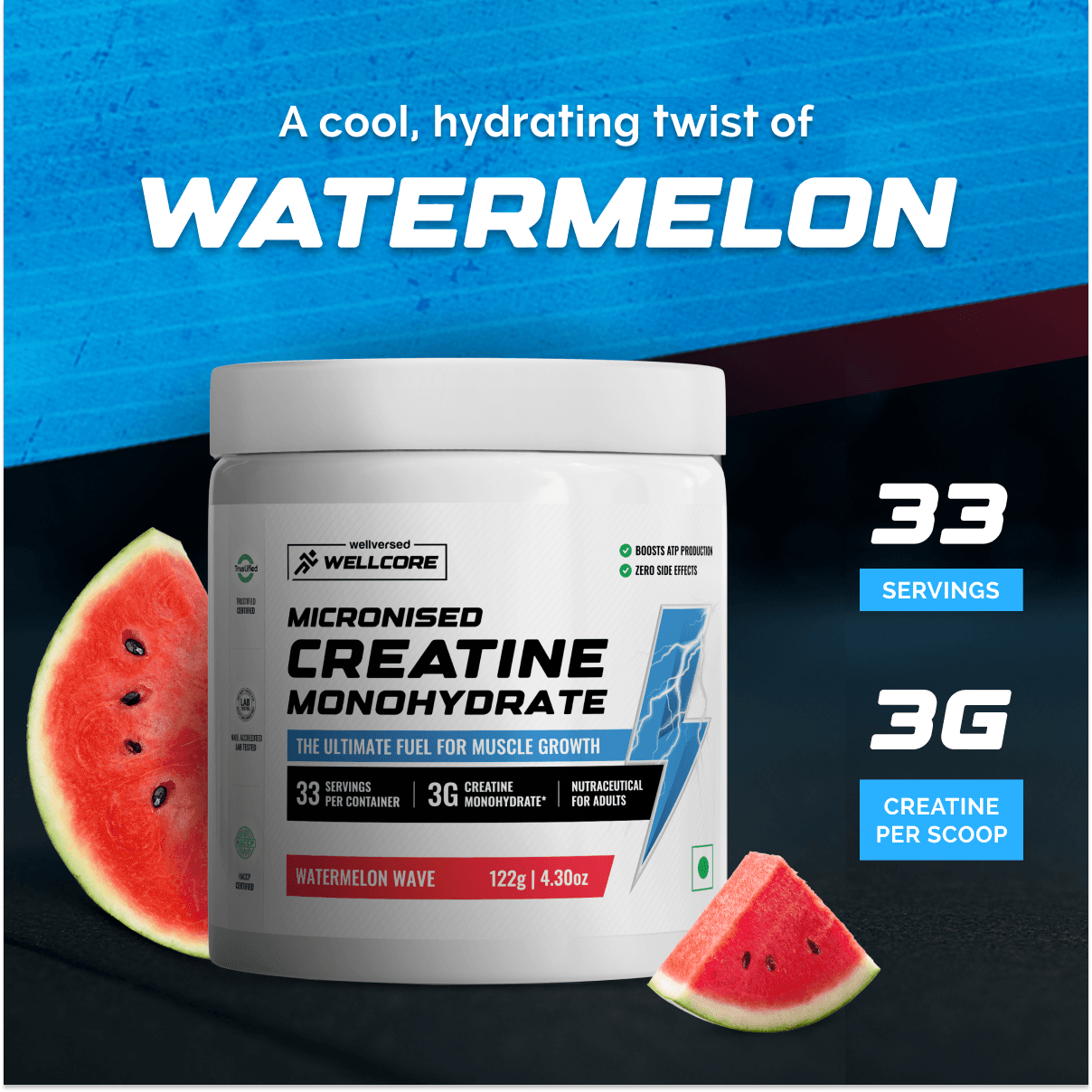 Wellcore - Pure Micronised Creatine Monohydrate | Watermelon Wave (122g, 33 servings)