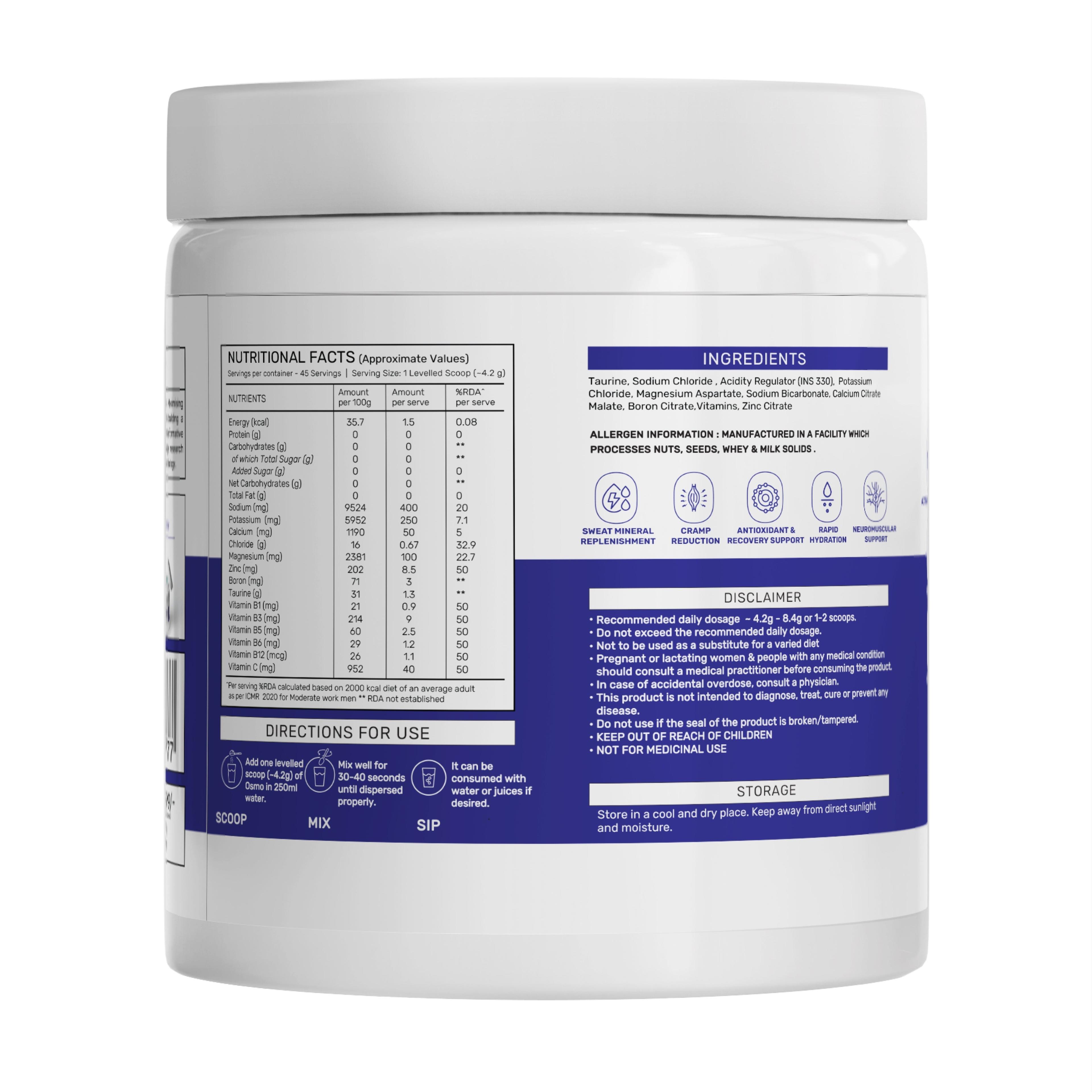 OSMO - Electrolyte Hydration Blend (Advanced Salts + Taurine & Vitamins) | Unflavoured (189g, 45 servings)